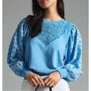 Anthropologie PILCRO Blue Eyelet Lace Puff Sleeve Faded Sweatshirt Size XL